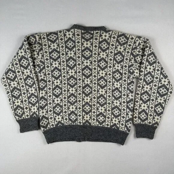 Vintage Unbranded Fair Isle Wool Knit Cardigan Women’s Medium Gray Beige Sweater - Picture 13 of 16
